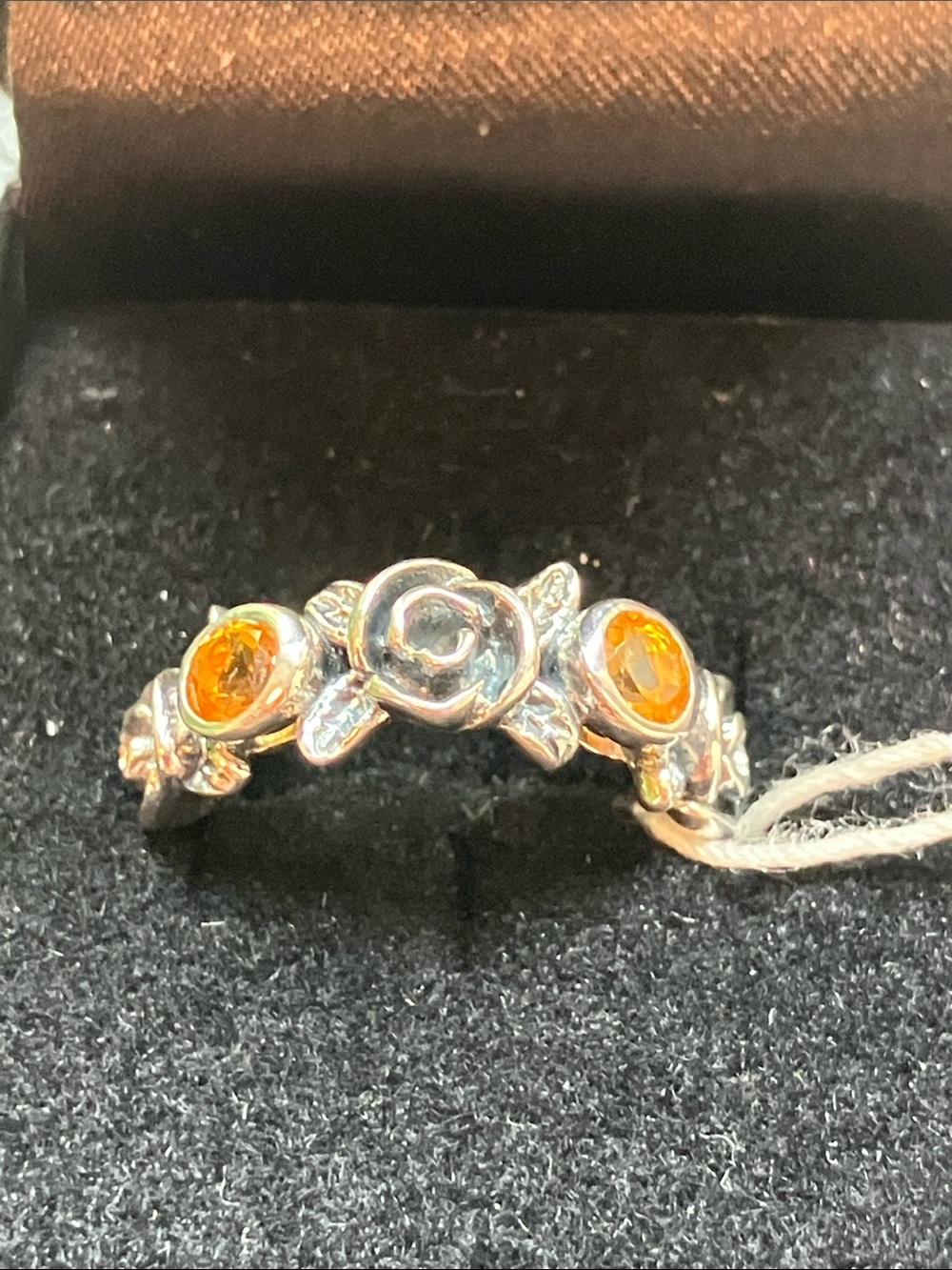 Silver Floral Ring with Orange Gemstones